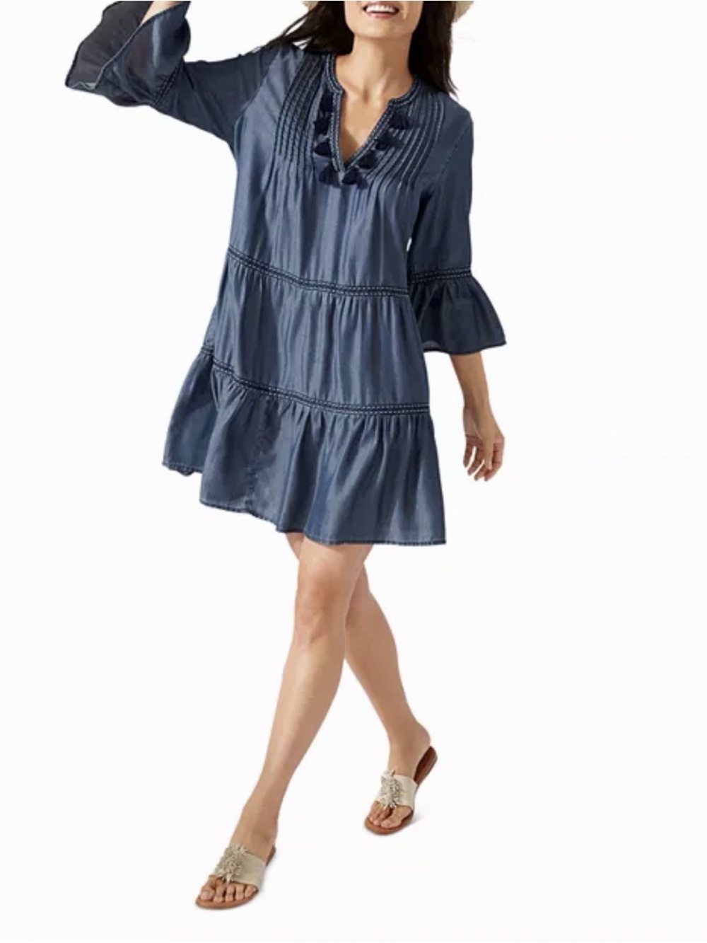 Tommy Bahama Chambray Tiered Dress. 100% Lycocell Tencel, Soft & Comfy. EUC
